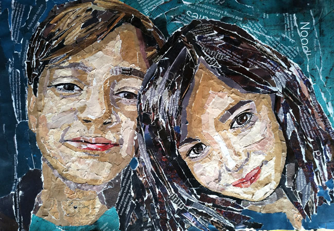 "Two beautiful children", torn paper collage by @marzia_fa